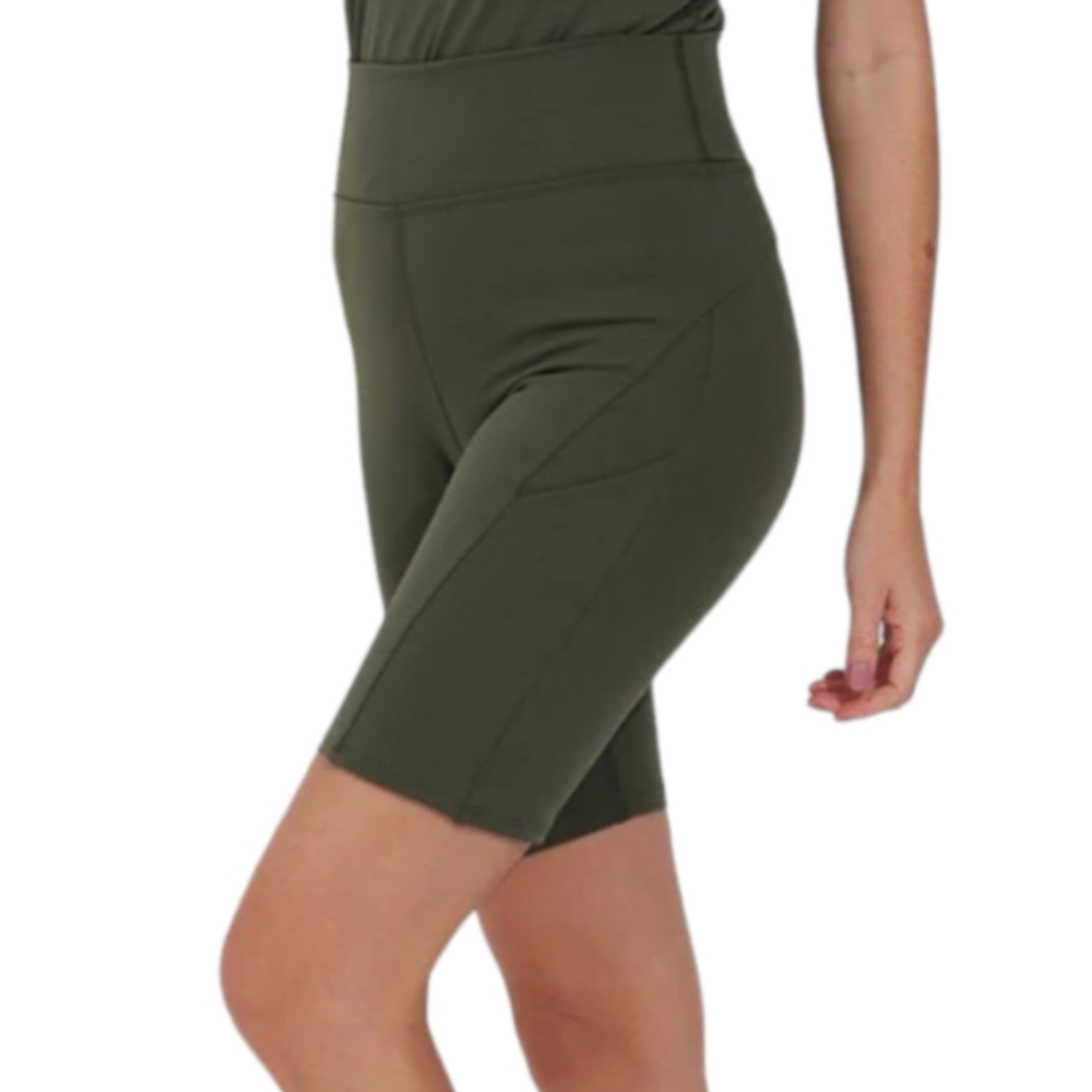 Dona Jo Jojo High Waisted Biker Shorts with Pockets Olive Green Size S